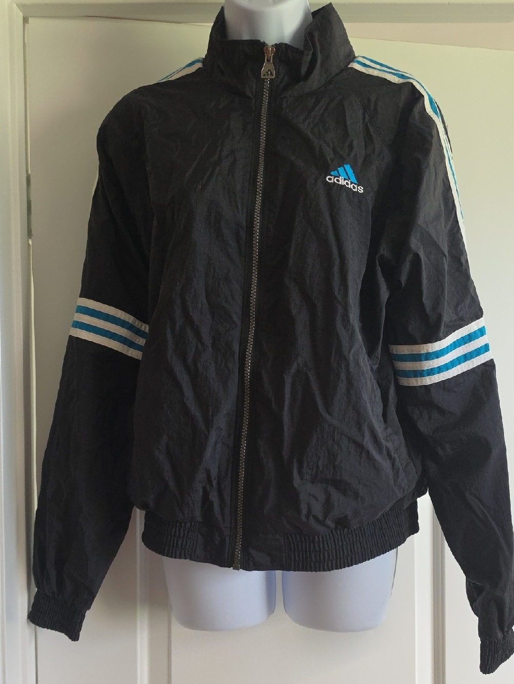 adidas Black Jacket with Blue and White Stripe Accents